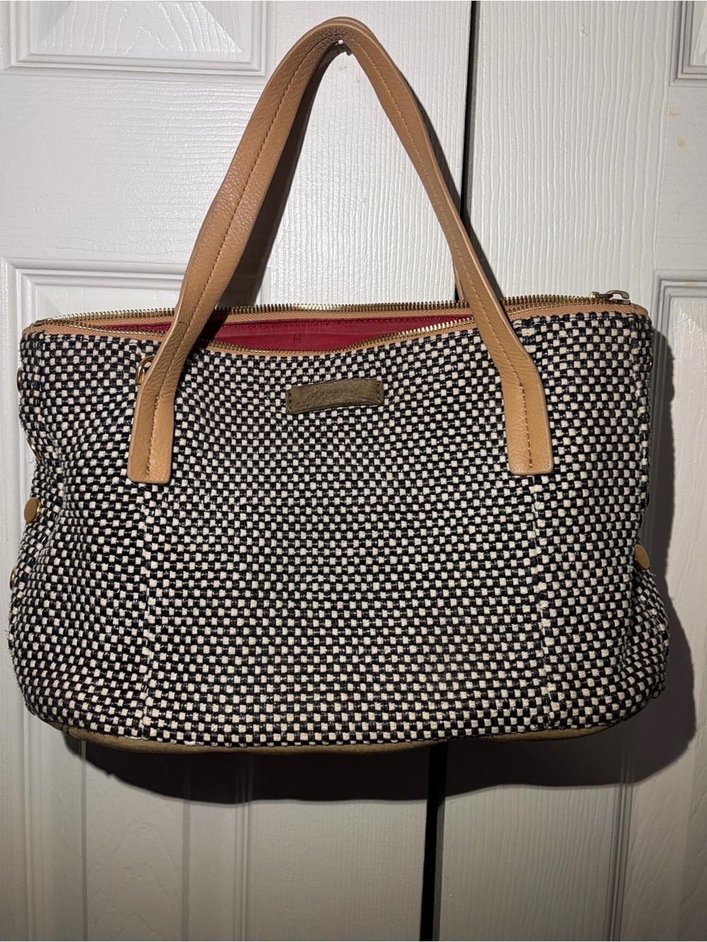 Hammitt Woven Black & White Tote with Tan Handles / Red interior design